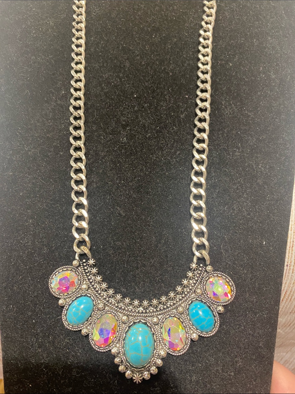Women's Silver Statement Necklace with Turquoise and Iridescent Stones